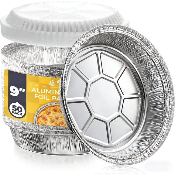 50 pack 9" Round Aluminum Foil Pans with Clear Dome Lids, Pie Tins Disposable 9 inch with Lids, Take Out Containers, Freezer Oven  Aluminum Baking