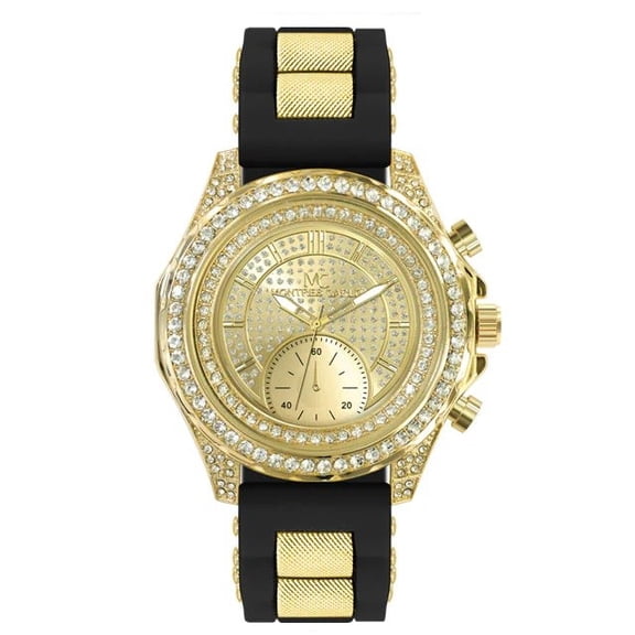 54mm Montres Carlo Men's Fashion Hip Hop Luxury Silicone Band Stones Wrist Watch (Gold/Black)