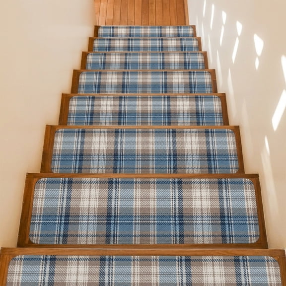 Blue Gray Buffalo Plaid Stair Treads Non Slip for Steps Rustic Farmhouse 4 Pcs Reusable Adhesive Stair Runner Mats for Dogs Elders Carpet Treads Rugs for Staircase 8x30 In