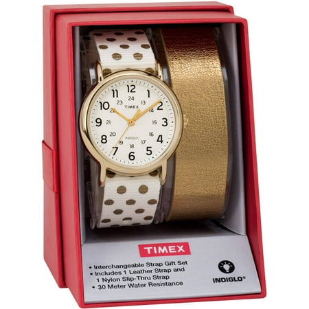 Timex Women's TWG015200 Weekender 38 Cream/Gold Dots Nylon Slip-Thru Strap Watch Gift Set + Metallic Gold-Tone Leather Strap