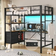 Twin Metal Loft Bed Frame with L-Shaped Desk&LED Lights&Charging Station, Black LED Loft Bed with 3 Storage Shelves&Drawers, No Box Spring Needed