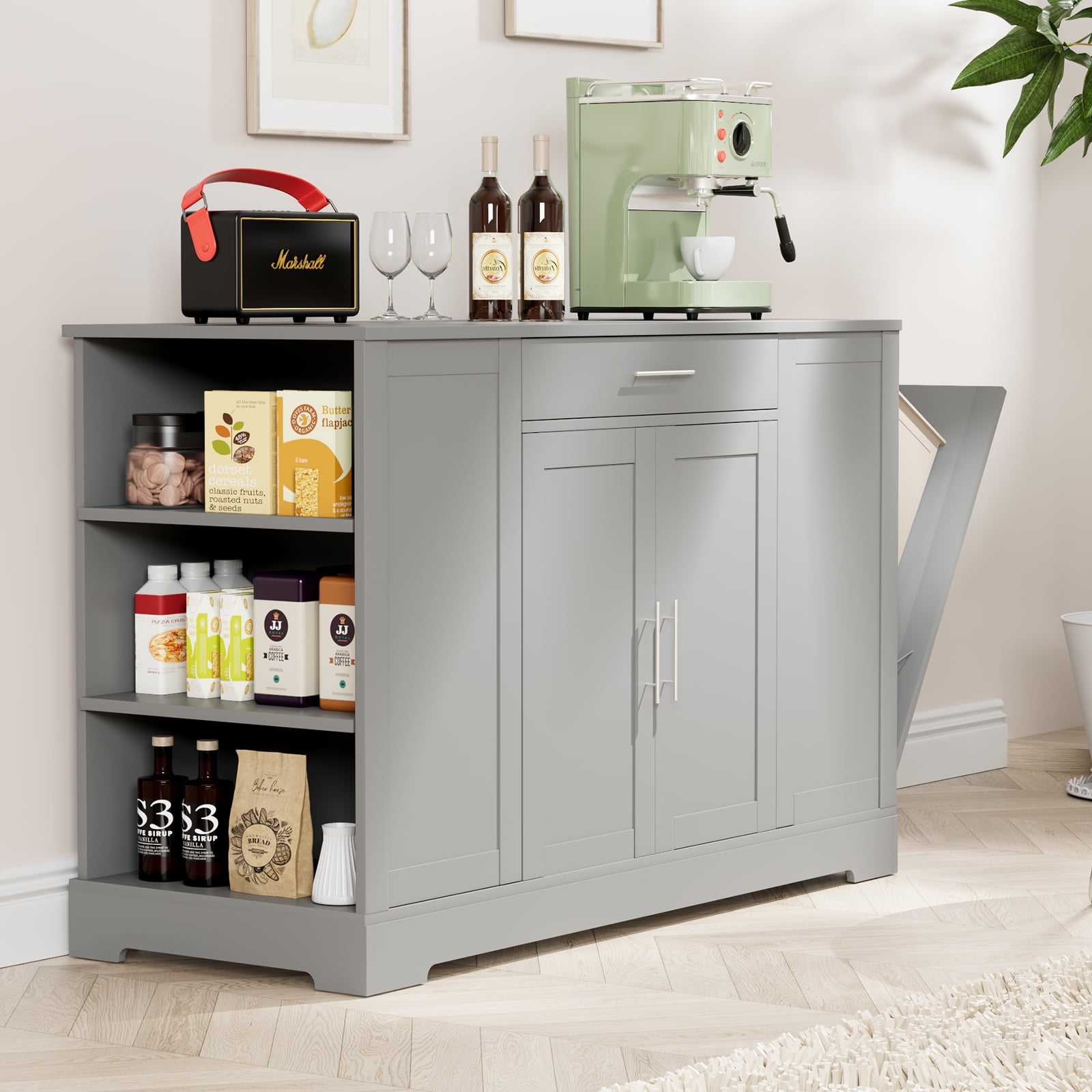 Pirecart 53" Kitchen Island with Trash Can Storage, Kitchen Island Storage with Drawer, Open Shelves, Gray