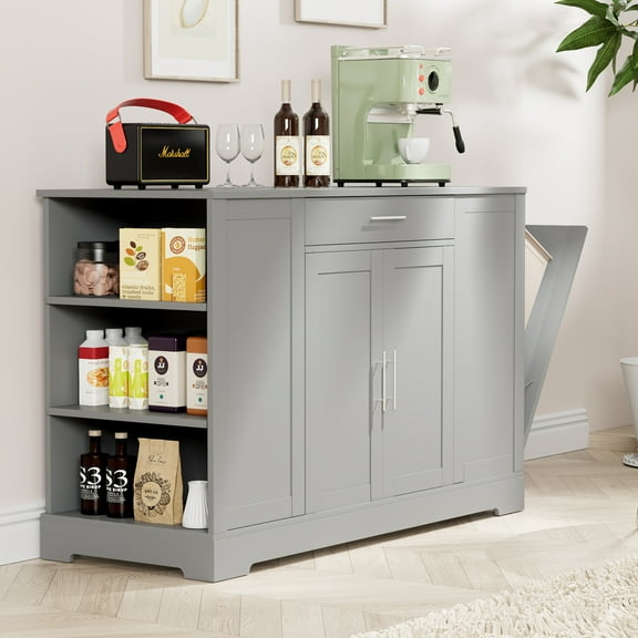 TLSUNNY 53" Kitchen Island w/ 13 Gal Trash Can Storage Cabinet, Portable Kitchen Island, Open Side Shelves and Drawer