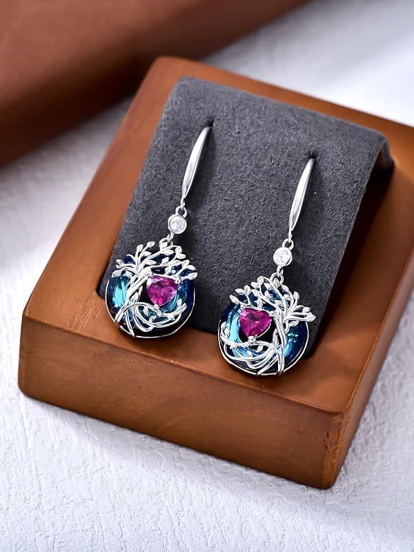 JKR Tree of Life Birthstone Earrings for Women 925 Sterling Silver Family Tree Dangle Earrings Austrian Crystal Jewelry Birthday Gifts for Her Girlfriend Wife Mom