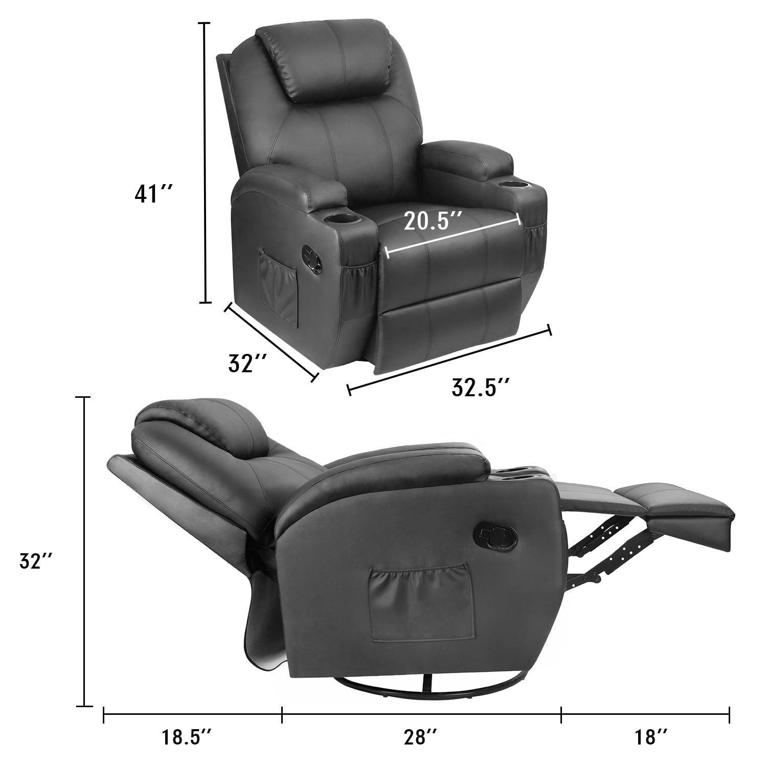 Homall  Swivel Rocking Recliner Chair Massage PU Leather 360 Swivel Rocker Recliner Living Room Chair Home Theater Seating ,Pu Leather Black