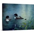 thumbnail image 1 of Cuadro lienzo pintura realista somormujos con crías en lago verde azul, obra de fauna acuática horizontal en tela canvas, 1 of 6