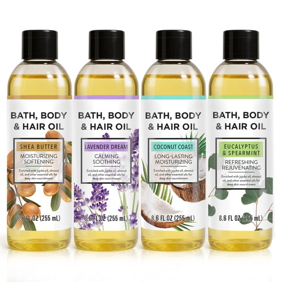 Aceite de baño de ducha de otoño, aceite corporal con manteca de karité, lavanda, eucalipto, menta, coco, aceites de baño, regalos para el día de la madre para mujeres, 25,8 fl oz (paquete de 4)