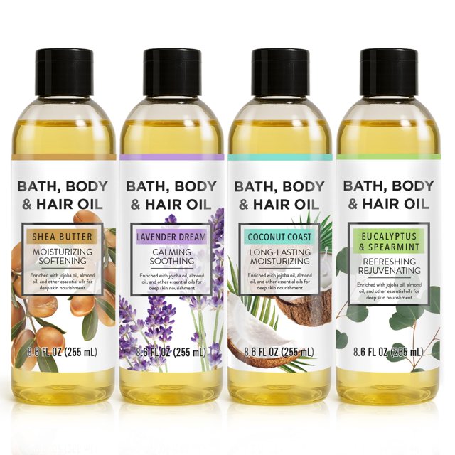 Aceite de baño de ducha de otoño, aceite corporal con manteca de karité, lavanda, eucalipto, menta, coco, aceites de baño, regalos para el día de la madre para mujeres, 25,8 fl oz (paquete de 4)
