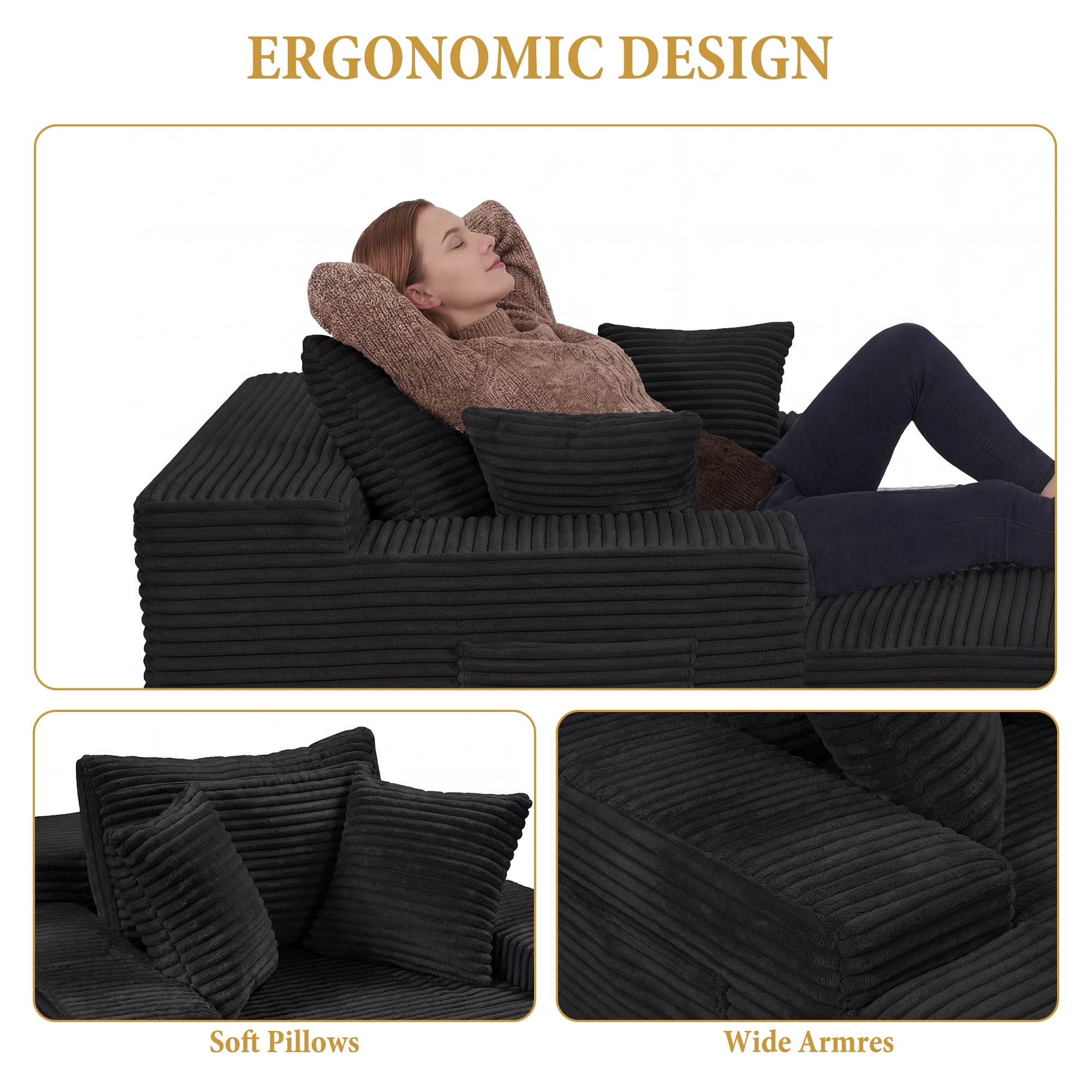 67" Corduroy Boneless Chaise Sofa for Living Room, 9.9'' Wide Armrest Lounge Chair, Indoor Oversized Sleeper Sofa, Deep Seat, 3 Soft Pillows Sofa Bed, No Assembly Required, Black