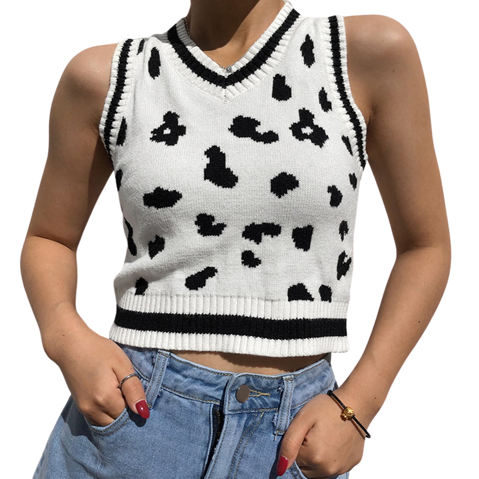 Women?s Knitted Sweater Vest, Stylish Cow Print Sleeveless Pullover Slim Fit Crop Tank Top 