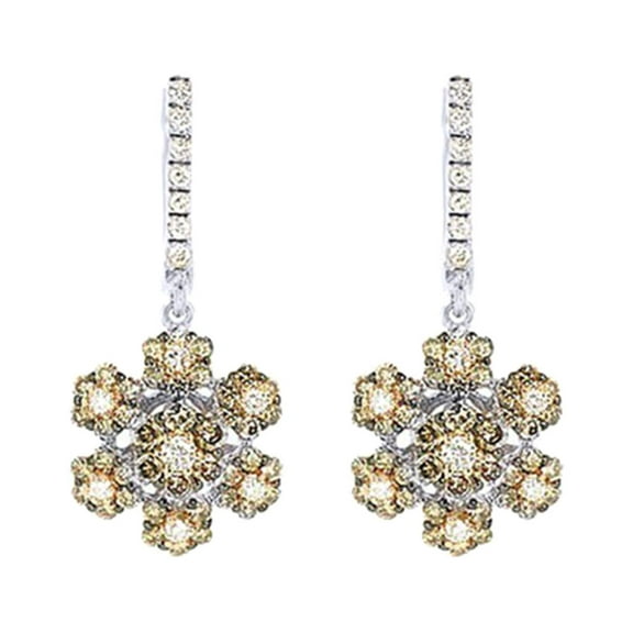 AFFY Round Cut Brown White Natural Diamond Fashion Dangle Drop Earrings In 14K Solid White Gold (1.37 Ct)
