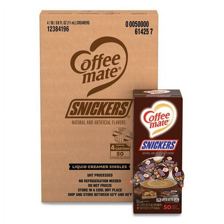 Liquid Coffee Creamer, Snickers, 0.38 oz Mini Cups, 200 Cups/Carton Liquid Coffee Creamer, Snickers, 0.38 oz Mini Cups, 200 Cups/Carton