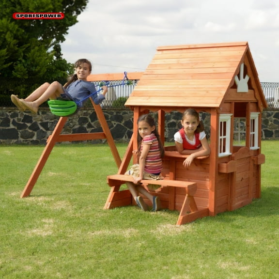 Sportspower Wooden Swing and Playhouse Set with Bench & Working Door, for Kids Aged, 3–8, ASTM Certified