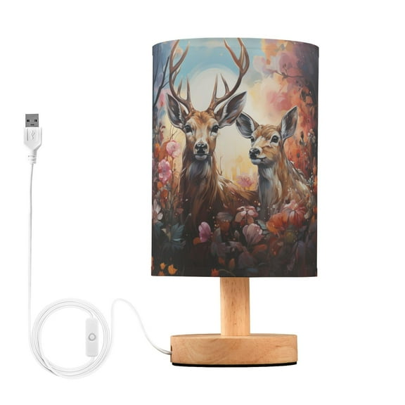 Deers Sun Flowers Table Lamp USB Bedside Desk Nightstand Lamp Printed Gifts Small Lamp Wood Base for Bedroom Living Room Kids Room College Dorm