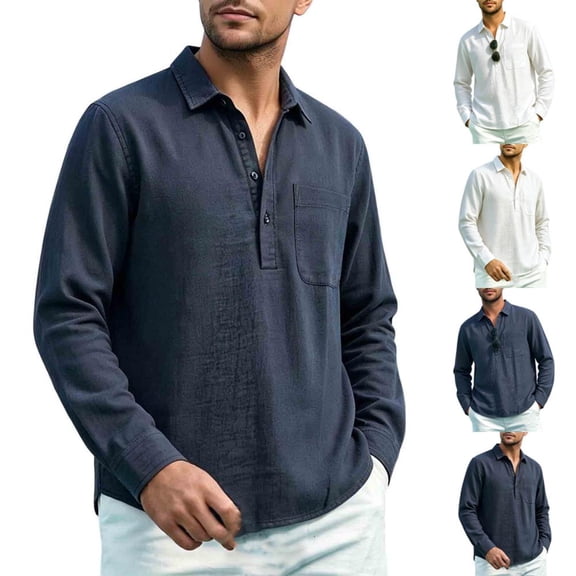 Bxsruta Men's Long Sleeve Half Button Shirt Collared Top with Chest Pocket Casual Daily Wear