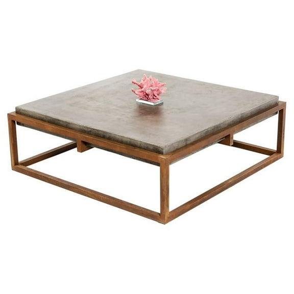 Pemberly Row Square Modern Concrete Stone Coffee Table in Dark Gray/Walnut