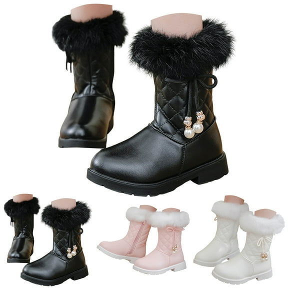 Dakaela Girls Winter Boots Kids Leather Bowknot Mid Calf Snow Booties Toddler Princess Dress Shoes 4-12Y