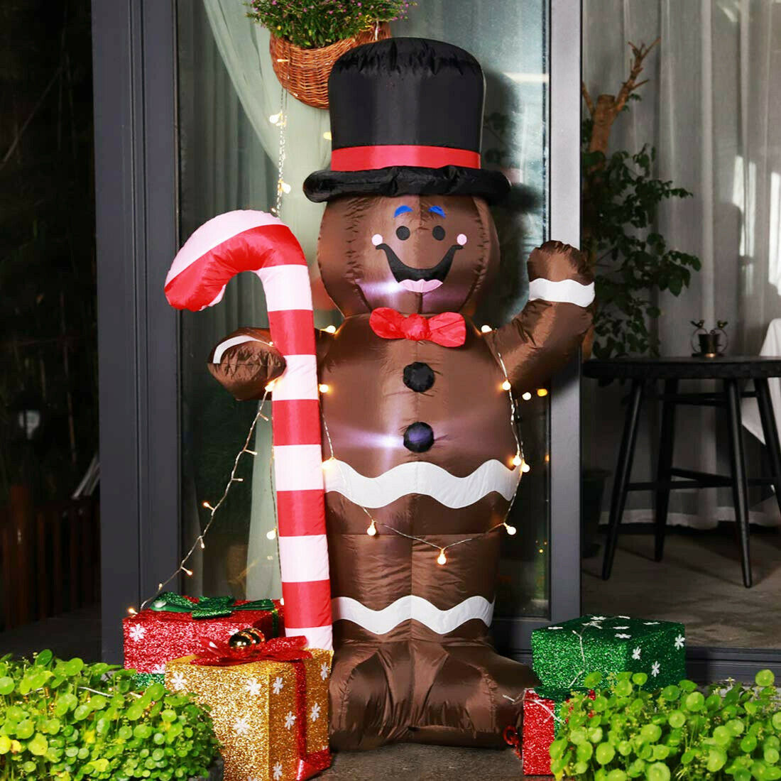 5ft Height Christmas Inflatable LED Lighted Gingerbread Man with Candy Cane Blow up Outdoor Yard 