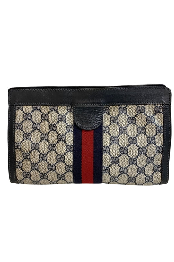 Pre-Owned GUCCI Gucci Second Bag Cosmetic Pouch GG Supreme Sherry Line Clutch Navy