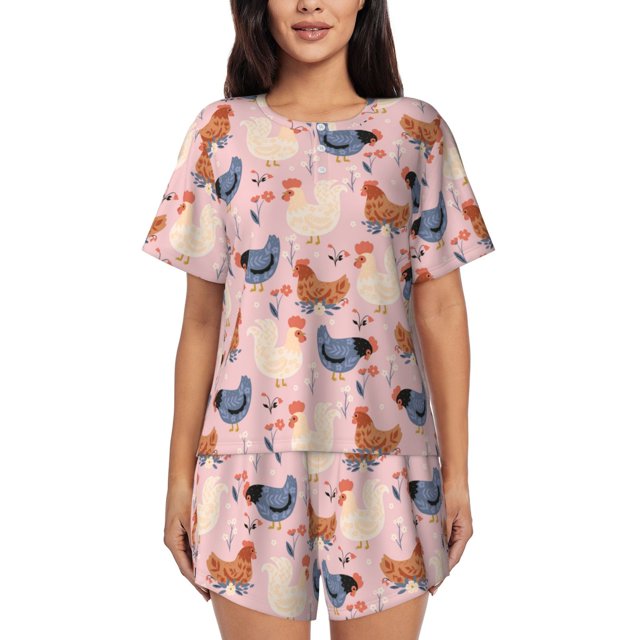 Fotbe Funny Chicken Conjunto de Pijama Estampado para Mujer, 2 Piezas, Ropa de Dormir con Camiseta de Manga Corta y Shorts Suaves-3X-Large