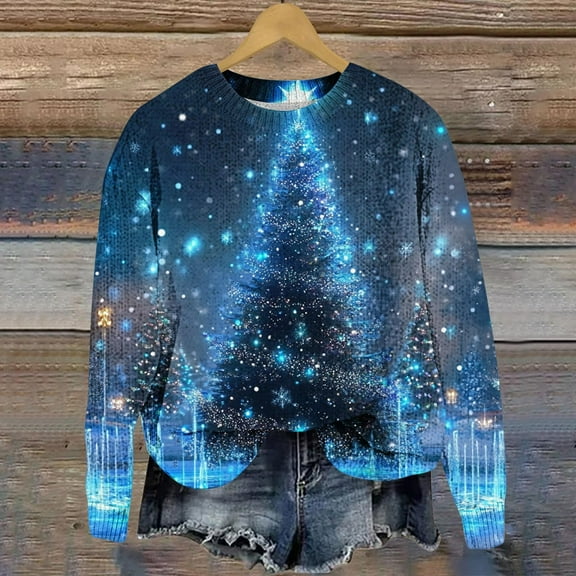 Aboser Christmas Sweaters for Women 2026 Chunky Knit Jumper Tops Fashion Light Up Xmas Tree Print Sweater Baggy Long Sleeve Pullover Warm Casual Fall Winter Clothes Blue XL