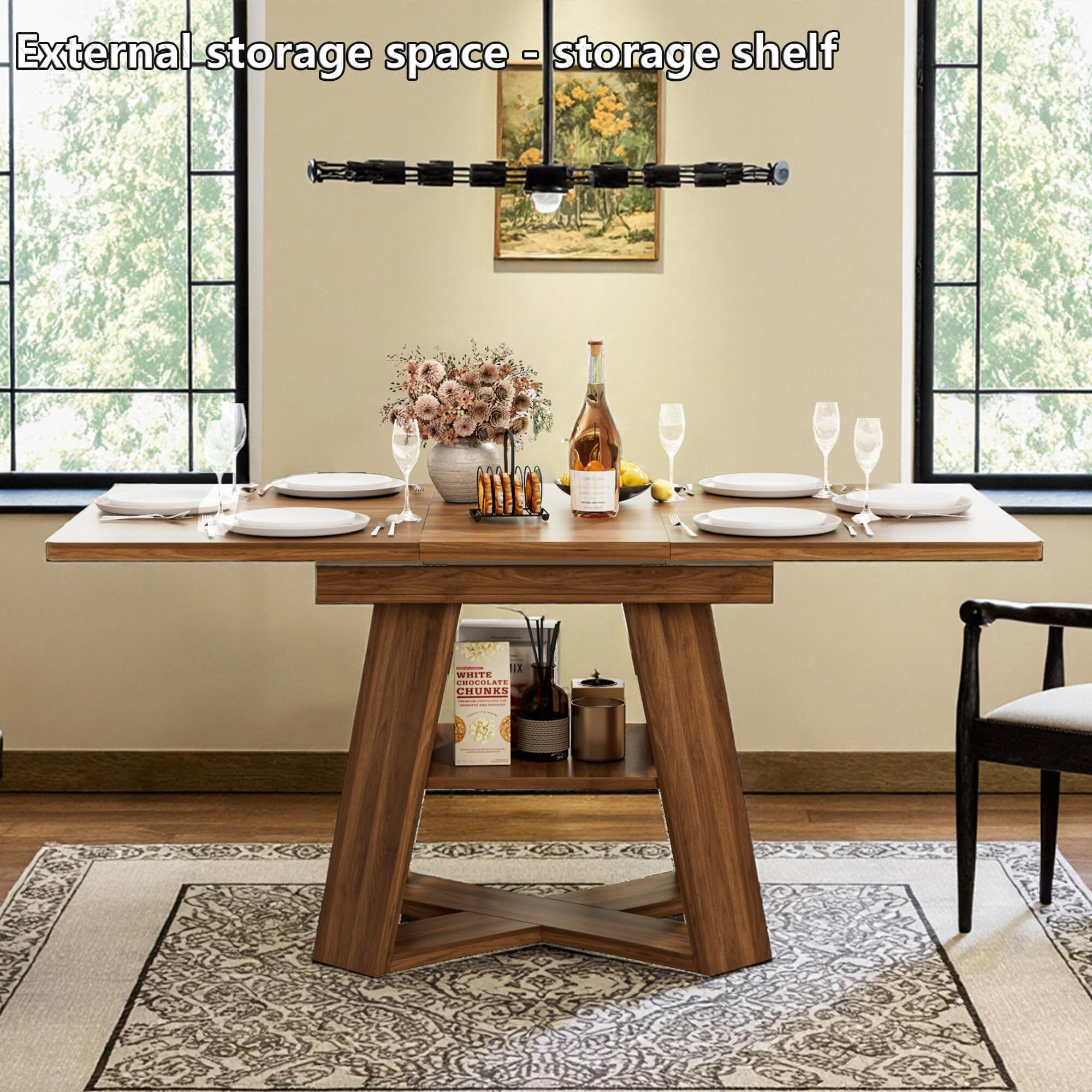 Extendable Dining Table 47.24''-66.92'', Seats 4-6, Rectangle Kitchen Table with Removable Leaves, Storage Shelf, Walnut