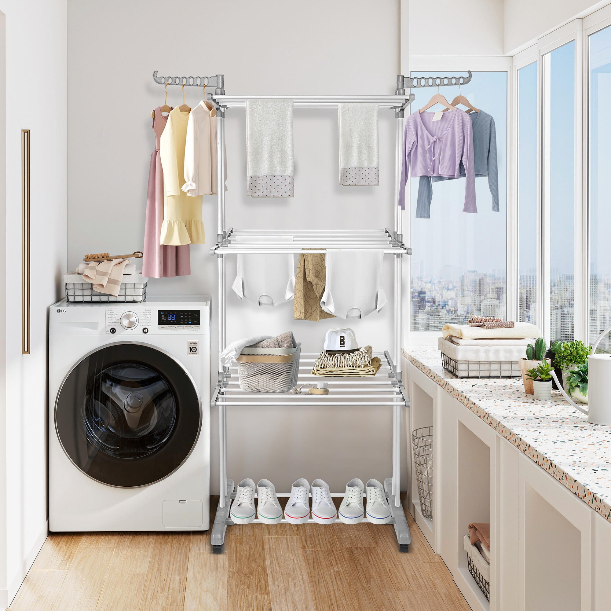 Foldable 4 Tier Clothes Drying Rack Garment Laundry Hanger Rack with 2 Side Wings and 4 Casters SortWise Walmart