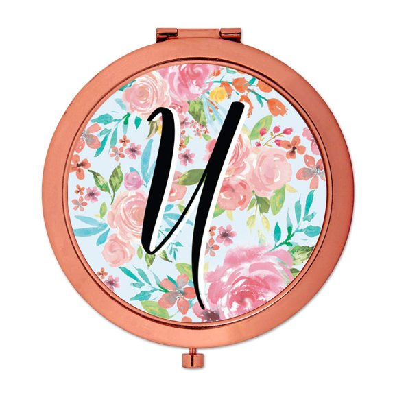 Koyal Wholesale Compact Mirror Bridesmaid's Wedding Gift, Rose Gold, Monogram Letter U, Tea Party Pink Floral Flowers