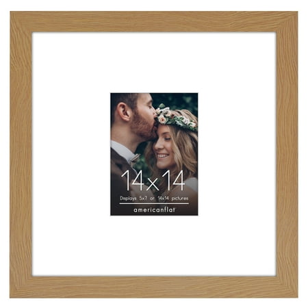 Americanflat 14x14 Picture Frame with Shatter-Resistant Glass with 5x7 Mat Wedding Signature Display - Oak