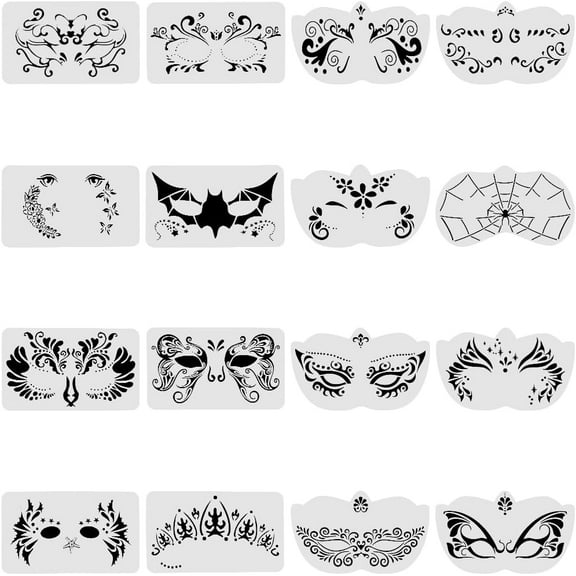 16Pcs Carnival Face Paint Stencils Plastic Washable Reusable Facial Makeup Body Painting Templates Drawing Temporary Tattoos Stencil for Holiday Party Home Wall Art Painting Craft White