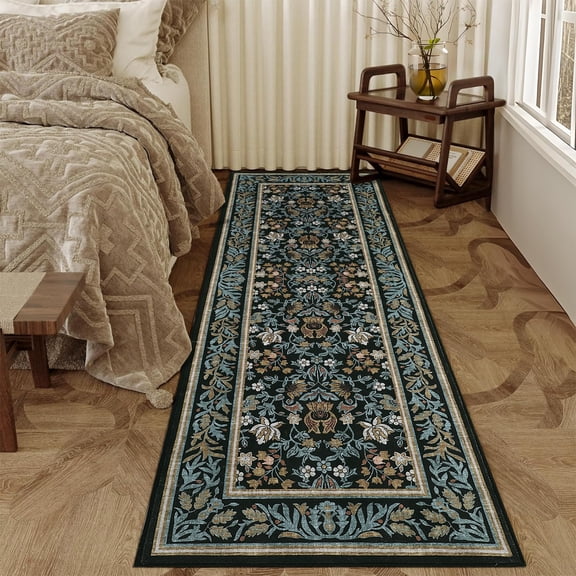 GlowSol Floral 2x6 Kitchen Rugs, Washable Indoor Vintage Hallway Runner with Non Slip Back Low Pile Ultra Thin Bordered Oriental Throw Carpet Mat for Entryway Laundry Bedroom, Blue Black