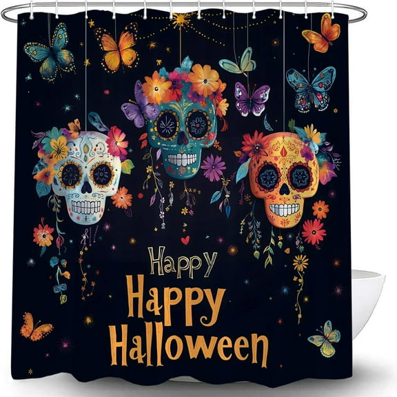 Day of The Dead Shower Curtain Gothic Halloween Mexican Gothic Sugar Skeleton Spooky Funny Skull Flower Butterfly Hispanic Style Abstract Holiday Bath Curtain 66x72in