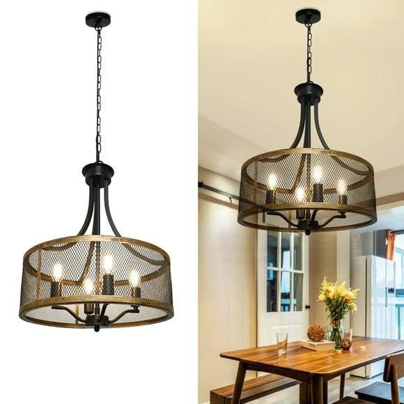 Depuley Suspension Industrielle à 4 Lumières, Lustre Style Ferme, Luminaire de Plafond Vintage, Luminaire Suspendu Réglable pour Îlot de Cuisine, Salle à Manger, Bar, Salon, Noir et Doré, Douille E12