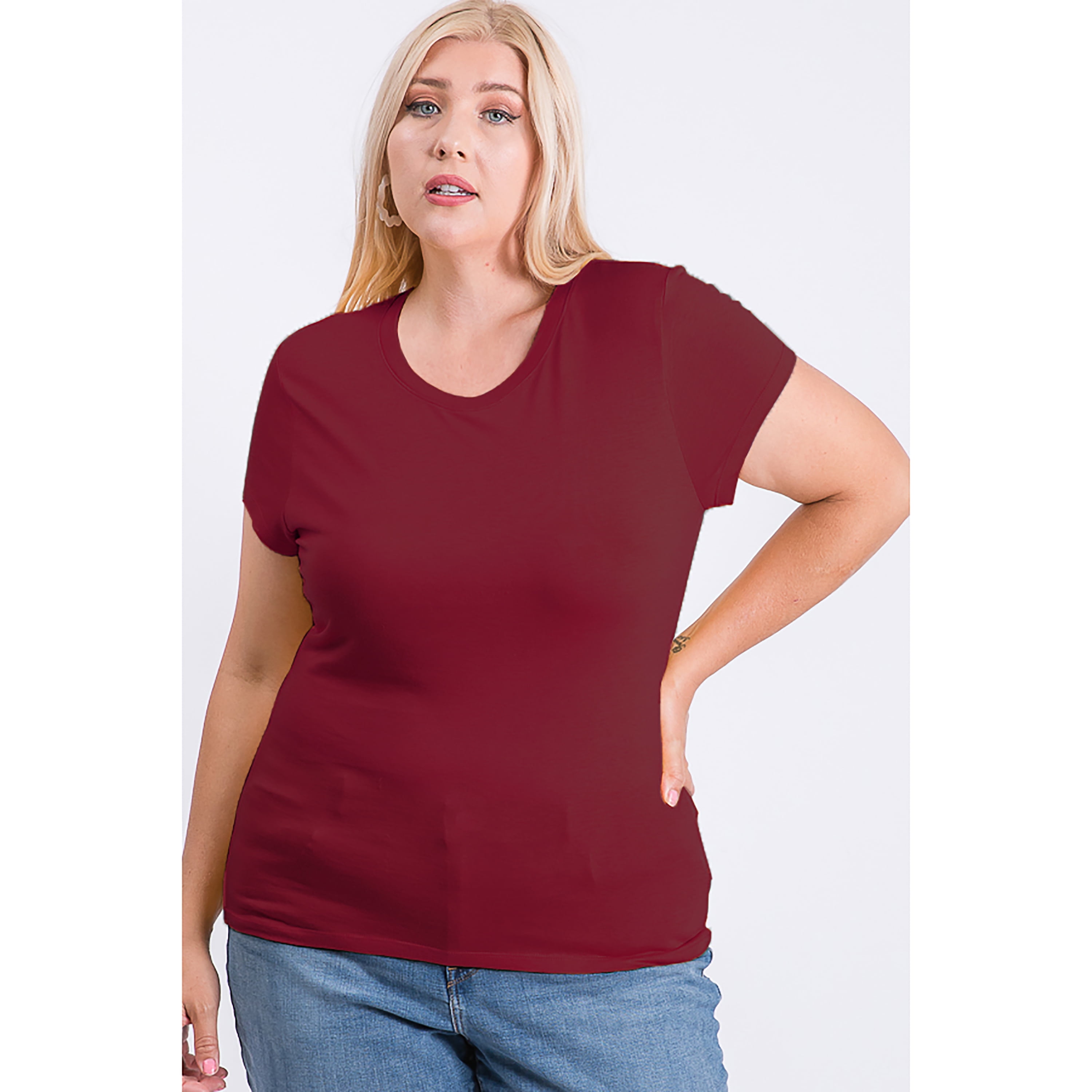 PROMC - Women's Plus Size Elastic Basic Summer Lightweight Tee Shirt Cap Sleeve V Neck Top 