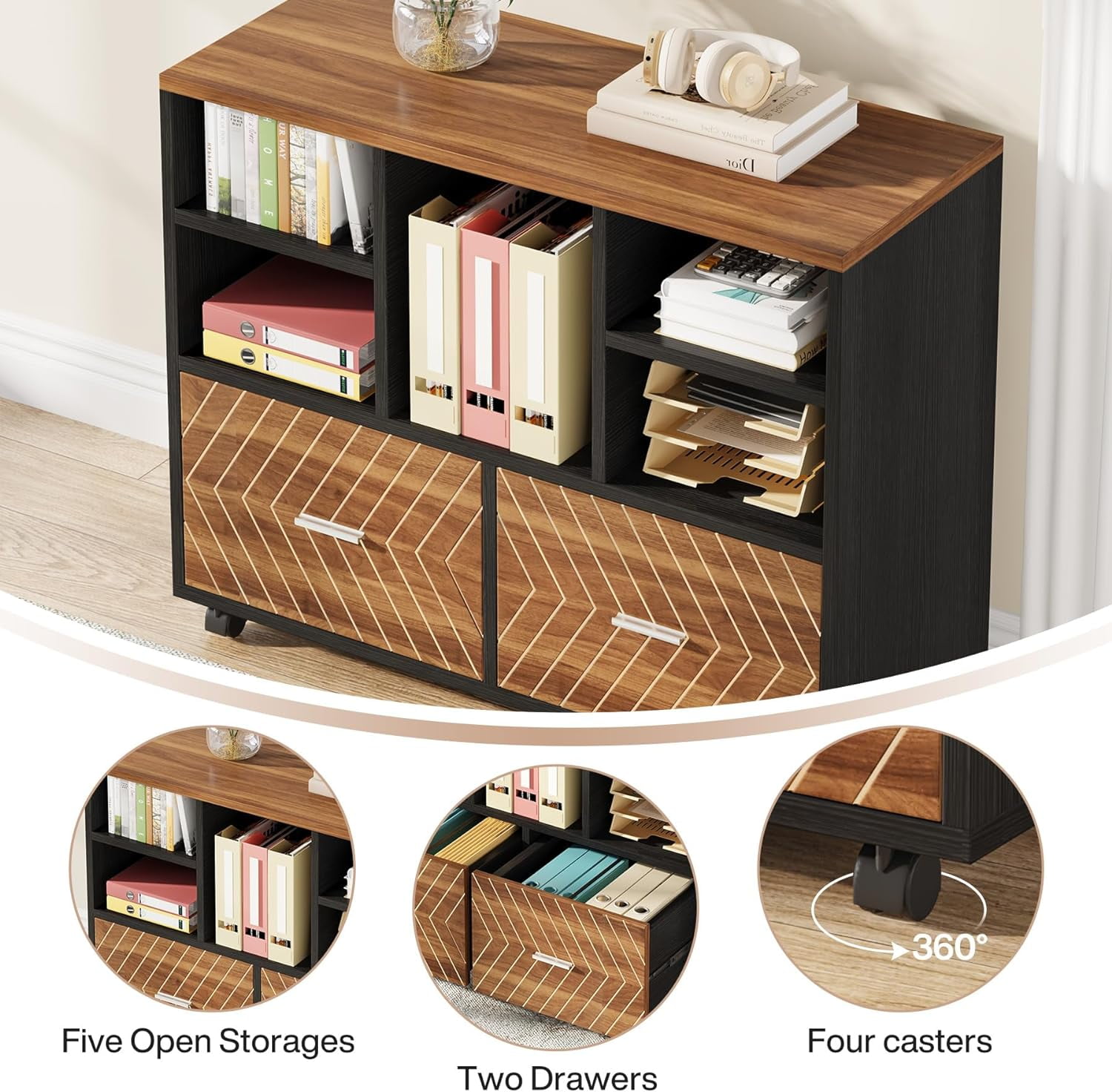 L-Shaped Executive Desk with Reversible File Cabinet, 3" Office Desk with Storage Drawers, Walnut & Black