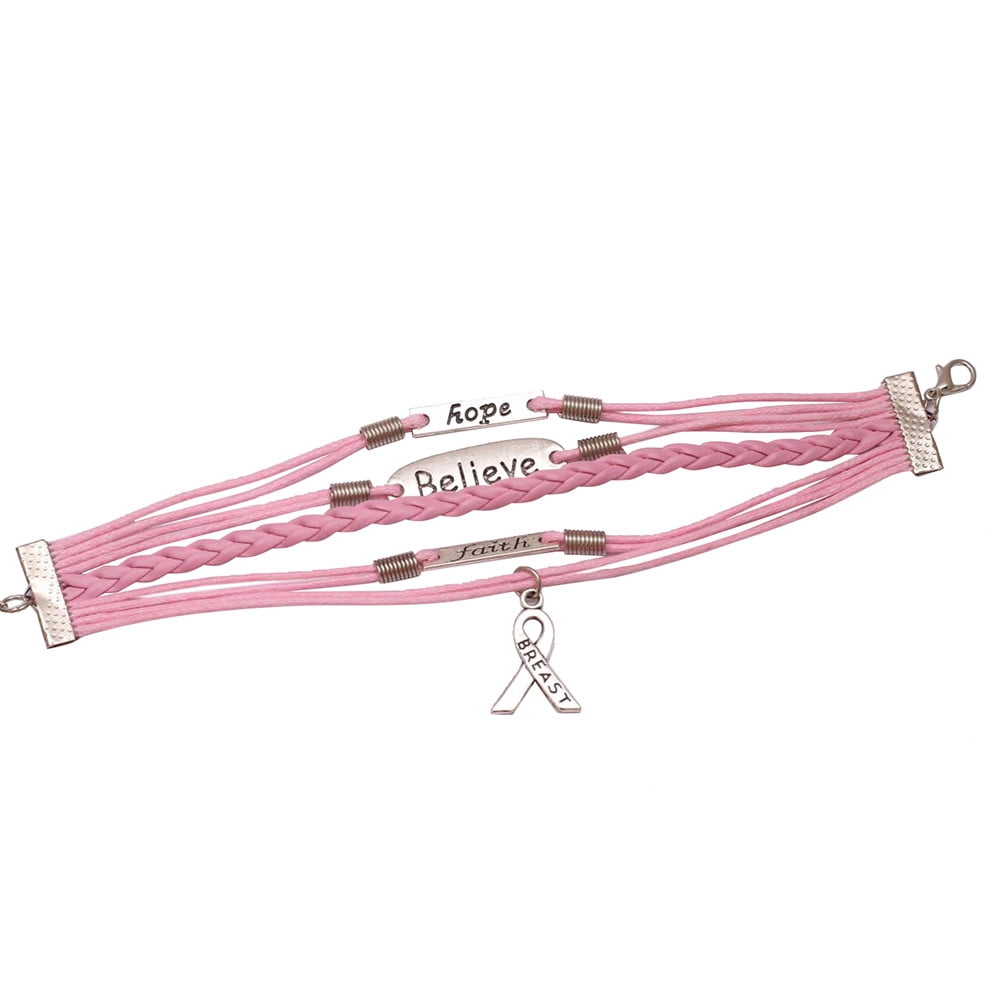 Multi-layer Leather Rope Handmade Pink Ribbon Breast Cancer Awareness Bracelet