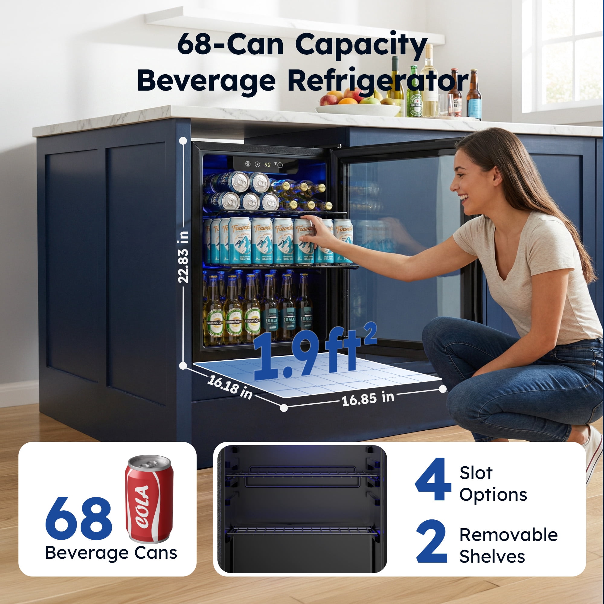 Simzlife 68 Can Beverage Refrigerator，1.9 Cu.ft Beverage Cooler with Glass Door, Mini Fridge for Home/Office/Bar,Black