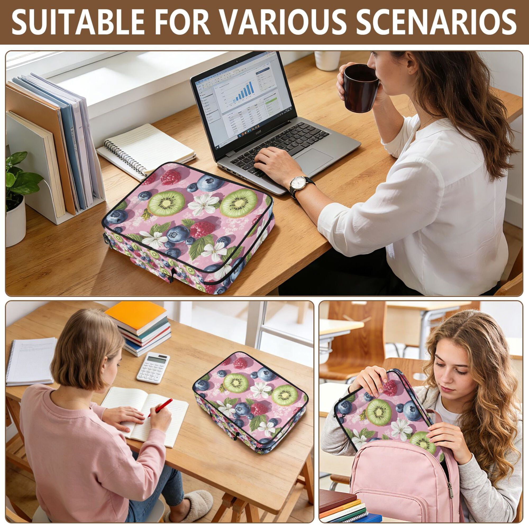 FORMRS Accordion File Folder A4 Size 7-Pocket Expanding Document Organizer Bag with 3 Ring Binder, Pink Blueberries