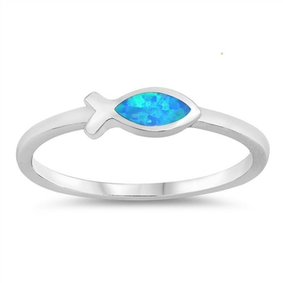 Blue Simulated Opal Christian Fish Ring Sterling Silver Size 9