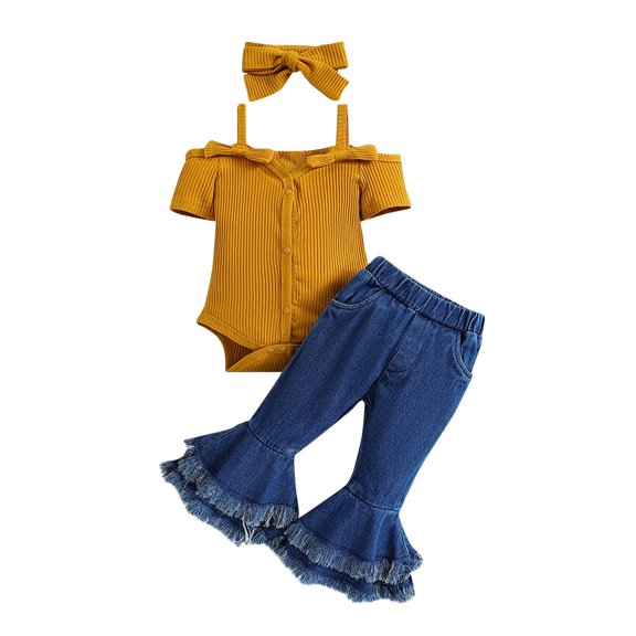 Scyoekwg Little Girls Outfits Cute Infant Baby Girl Summer Outfit Solid Color Button Short Sleeve Romper Tops Jeans Flared Long Pants Outfits Set (Coffee,18-24 Months)