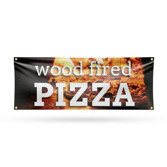 Wood Fired Pizza Banner Sign 18 Inch x 48 Inch | 13 oz Vinyl with Metal Grommets | Heavy-Duty Single-Sided Outdoor Durable Printed High-Quality Weatherproof | Made in the USA