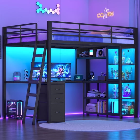 Toogaho Full Size Gaming Loft Bed with Desk & Display Cabinet & LED Lights,Metal Loft Bed Frame with Storage & Charging Station,Black