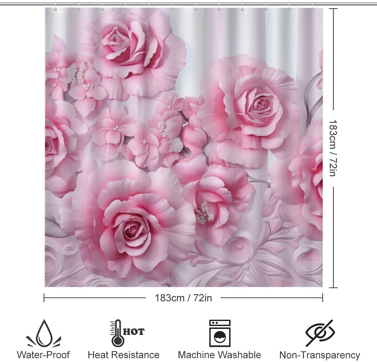 Beautiful Pink Roses Shower Curtain Sets with Rugs Toilet Lid Cover and Bath Mat Colorful Romantic Floral Shower Curtains with 12 Hooks Waterproof 4 Piece Bathroom Decor Set