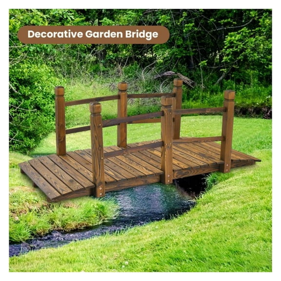 5ft Wooden Garden Bridge with Rails - Fir Wood Outdoor Footbridge - Decorative Arch Bridge for Backyard, Garden, Creek - 400lbs Capacity