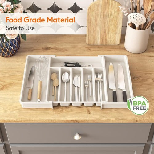 Colourtree White Utensil Organizer for Kitchen Drawers, Expandable Cooking Utensil Tray, Adjustable Cutlery Silverware Flatware Holder, Plastic Kitchen Spatula Tools and Gadgets Storage Divider