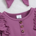 thumbnail image 6 of Wxirdiow Newborn Girl Outfits Newborn Baby Girl Bell Bottom Outfit Ruffle Romper Cute Flare Pants Set Headband Cute Clothes Purple Size,6-9 Months, 6 of 9