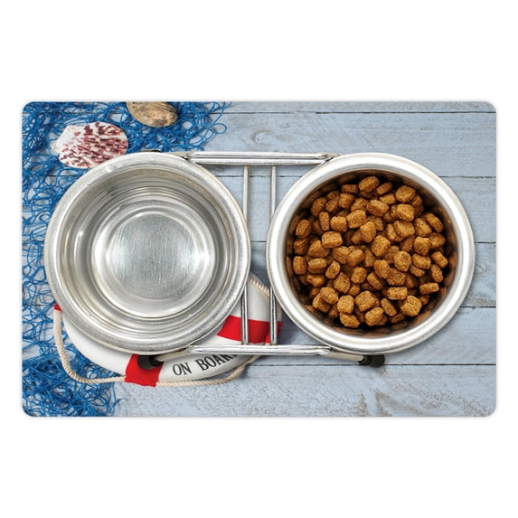 Buoy Pet Mat for Food and Water, Welcome on Board Message on Lifebuoy with Fishing Net Seashell Wood Floor of Boat, Non-Slip Rubber Mat for Dogs and Cats, 18" X 12", by Ambesonne