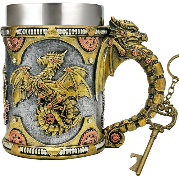 alikiki Medieval Steampunk Dragon Mug - Large Coffee Mug Mechanical Dragon D&D Gift for Men Father's Day Gifts - 21OZ Stainless Steel Party Gaming Mugs Beer Tankard
