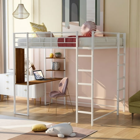 Metal Loft Bed with 2 Shelves and 1 Desk Full Size Loft Bedframe with 2 Build-in Ladders and Guardrails Space Saving Loft Bed with Metal Slats Support for Kids Teens Adults No Box Spring Needed White