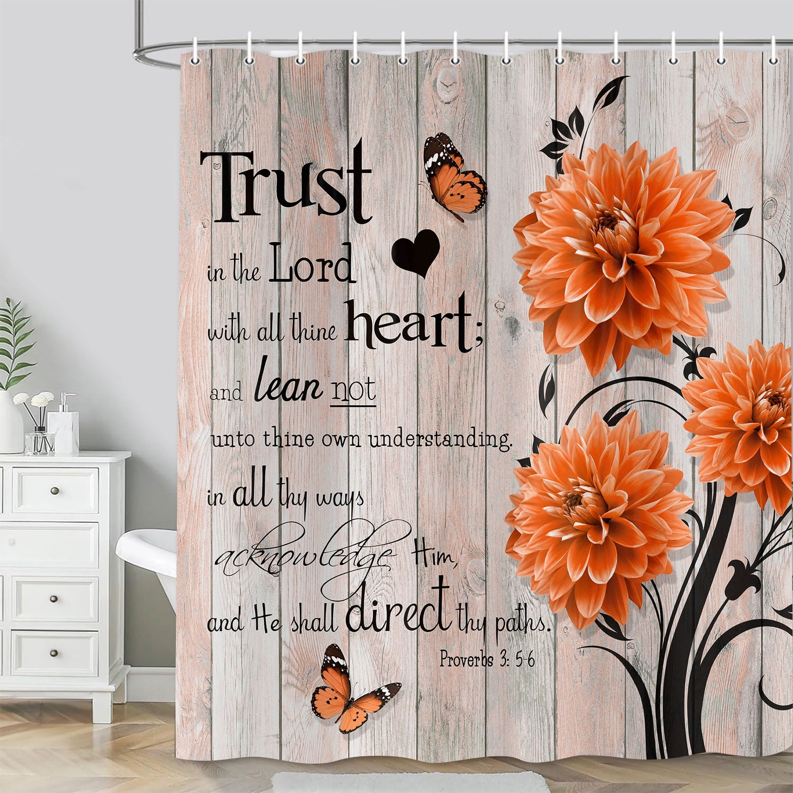Rustic Orange Dahlia Farmhouse Shower Curtain - Washable Fabric Bath Set with Hooks, 72x84 Inch